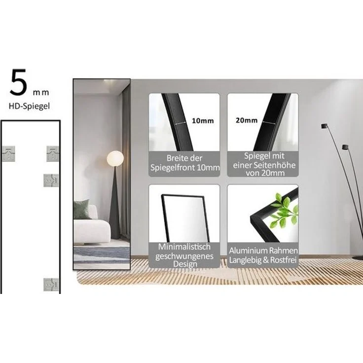 Hopibath Wandspiegel Ganzkörperspiegel Schwarz mit Metallrahmen Alu 150x50 160x40 140x40 (Spiegel groß eckig, mit Sicherheitsfolie), 4 Installationsmethoden – Bild 4