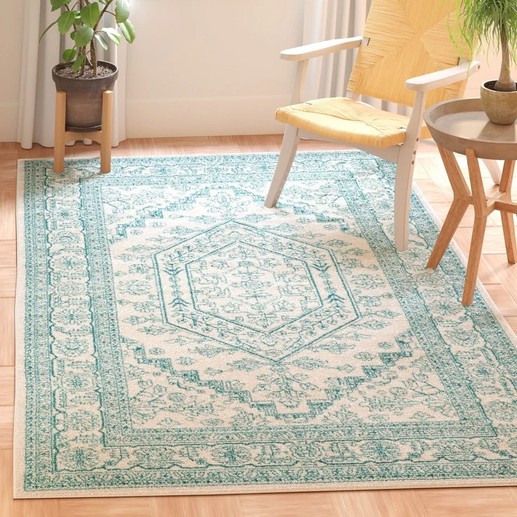 SAFAVIEH Traditionell Teppich für Wohnzimmer, Esszimmer, Schlafzimmer - Adirondack Collection, Kurzer Flor, Elfenbein und Blaugrün, 91 X 152 cm