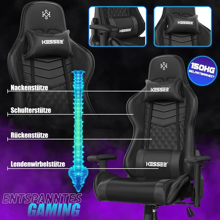 KESSER® Gaming Stuhl Ergonomisch Bürostuhl mit Kopfstütze & Lendenkissen | Racing Gamer Stuhl 150kg belastbar | Armlehne 360° | Drehbarer Schreibtischstuhl Gaming Chair + Gummi-Rollen Schwarz / Schwarz – Bild 3