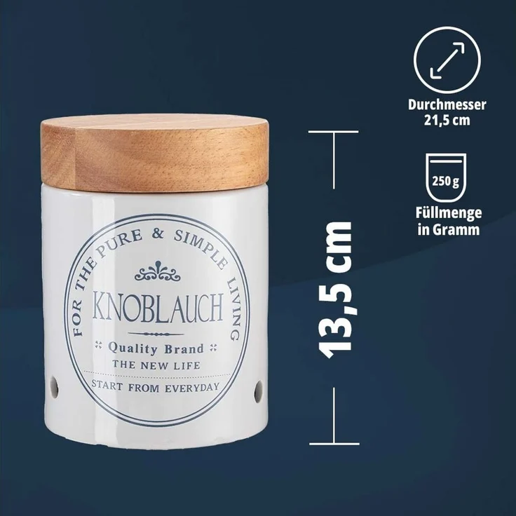 KHG Knoblauchtopf Keramik Steingut für 250g Knoblauchknollen, Knoblauch Aufbewahrung in Weiß, Holzdeckel Bambus, glasiert mit Emaille, Knoblauchdose rund, Lüftungslöcher, Landhaus Küche – Bild 2