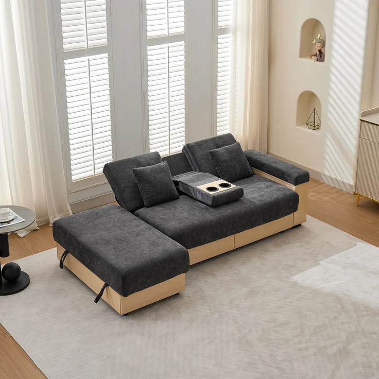 Merax Wohnlandschaft Sofa mit Stauraum, 3-fach verstellbarer Rückenlehne, Schlafsofa mit Schubladen, Chenille-Stoff, Getränkehalter & Stauraumhocker, grau – Bild 3
