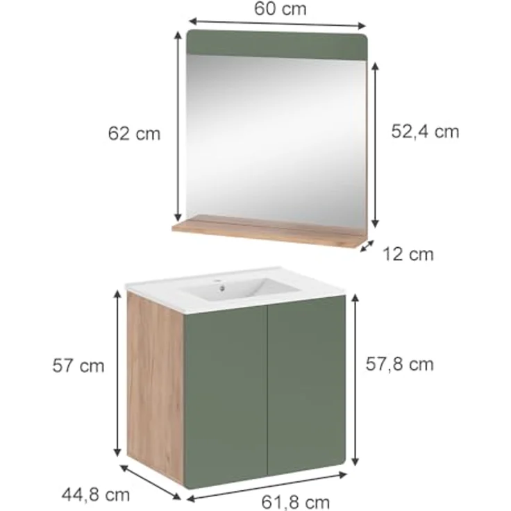 Vichy Badmöbel-Set Izan, 3 Teile in Goldkraft Eiche/Grün mit Spiegelschrank und Beleuchtung – Bild 2