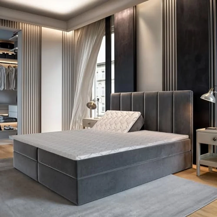 MASSENO Kontinentalbett Barino, Boxbett mit großem Bettkasten, ergonomischem Schlafkomfort und Topper, grau, 140x200 cm – Bild 2