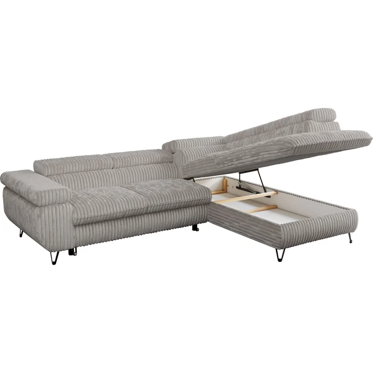 Mks Möbel 'Peter L-form' Ecksofa mit Bettfunktion, Bettkasten & einstellbaren Kopfstützen, Hellgrau, Cord, Jamit Topper rechts – Bild 5