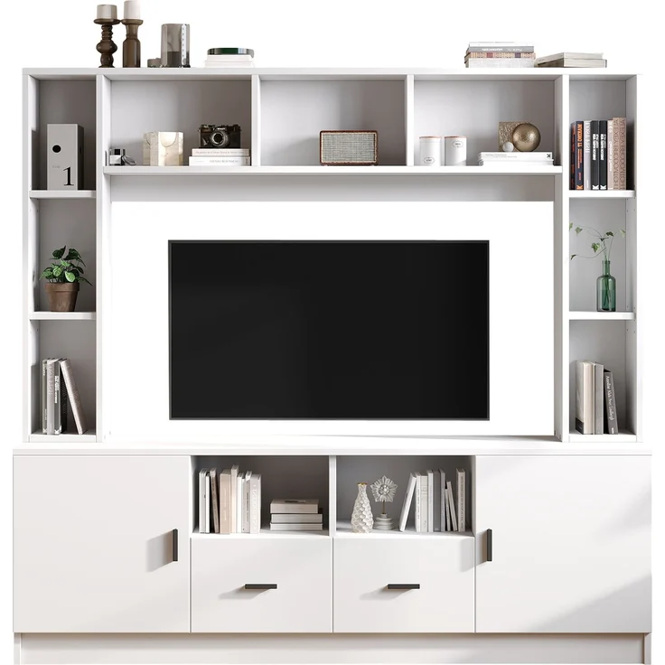 180*35*170cm TV Wohnwand-set mit Vitrine,Mediawand inkl. TV-Board-set und Regal,TV Wohnzimmermöbel-Set mit 2 Schränke, 2 Schubladen , 11 Staufächer, Anbauwand, Wohnzimmerwand, TV bis 60',Weiß--Weiß--180x35x170cm--YOUDENOVA – Bild 8