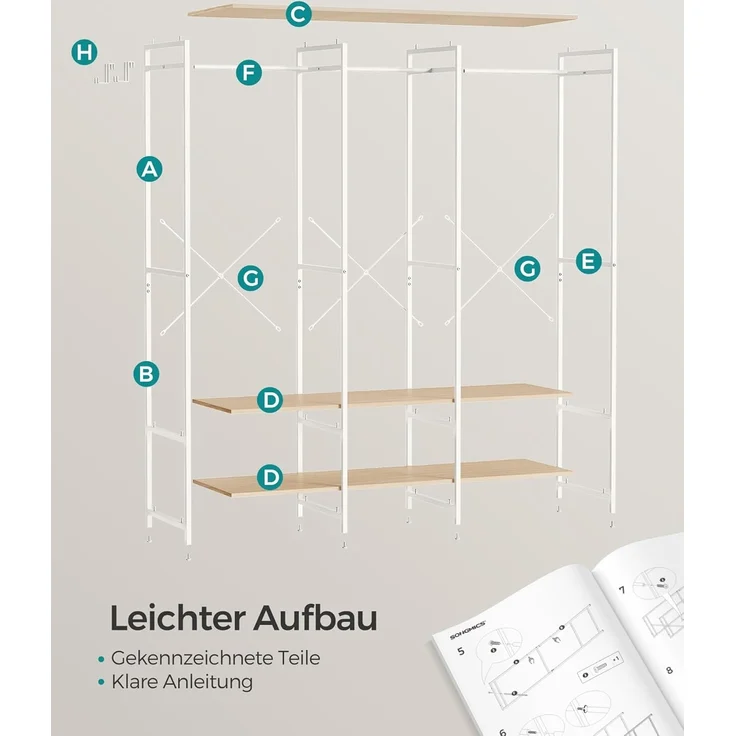 SONGMICS Kleiderschrank offen, Kleiderständer, Garderobenständer, Garderobe mit Kleiderstange, Ablagen, abnehmbare Haken, 40 x 141 x 180 cm, naturbeige RGR005W67 – Bild 7