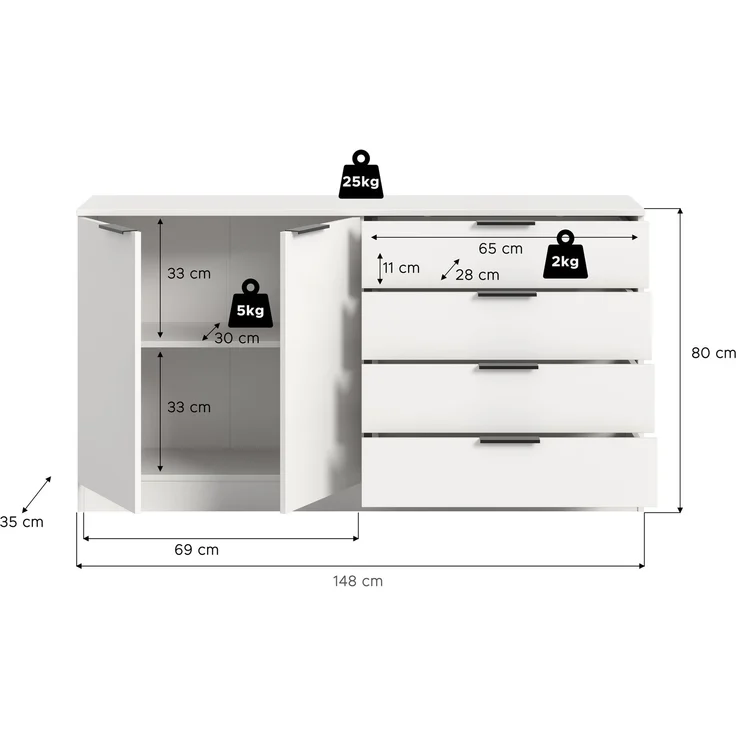 Kommode (B/H/T: 148x80x35 cm) in weiß – Bild 7