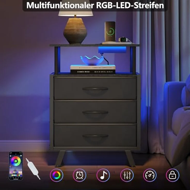 Feonase Nachttisch, Beistelltisch mit Ladestation & LED-Leuchten, Sofatisch mit 3 Stoffschubladen, Nachtschrank mit offenem Regal, Beistelltische für SchlafzimmerWohnzimmer, Schwarz – Bild 5