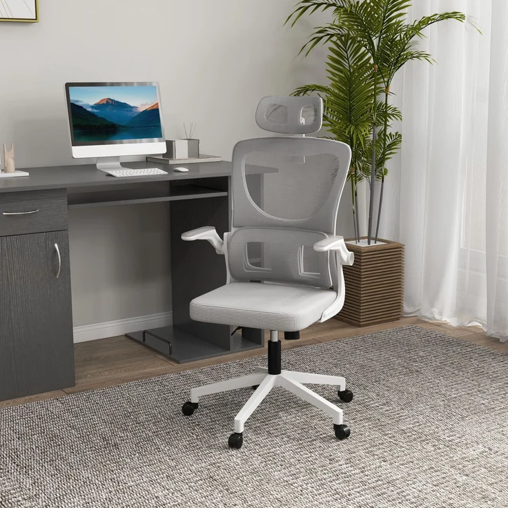 Bürostuhl ergonomisch höhenverstellbar Schreibtischstuhl mit Armlehnen, Kopfkissen, Wippfunktion und Lendenstütze, Mesh Grau für optimalen Komfort--Grau--60x59x122cm--YOUDENOVA – Bild 2