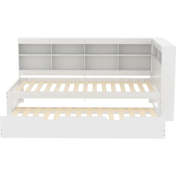 Schlafsofa 90*200, Ausziehbares Bett 90*190 mit USB-Steckdose und mehreren Ablagefächern, Massivholzbett, Einzelbett, Holz-Multifunktionsbett, Weiß. – Bild 8