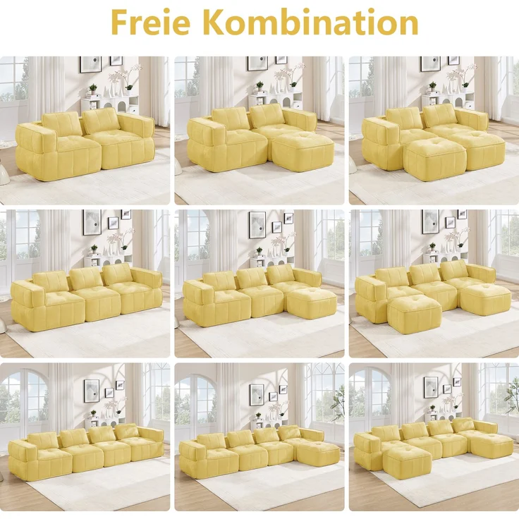 EINHOM 3-Sitzer U-förmiges Modulsofa mit 2 Hockern, ohne Gestell, 32D-Hochdichteschaum, tiefe Sitzfläche, hautfreundlicher, weicher Stoff, ideal für Wohnzimmer, keine Montage erforderlich, Gelb – Bild 7