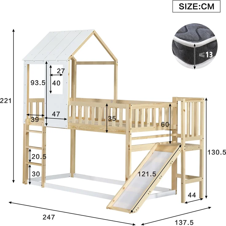 Merax Etagenbett mit rechtwinkliger Leiter und Rutsche, Hausbett mit Dach und Fenster, Kinderbett mit Fallschutz und Gitter, Rahmen aus Kiefer, Natur+Weiß (90x200cm) – Bild 4