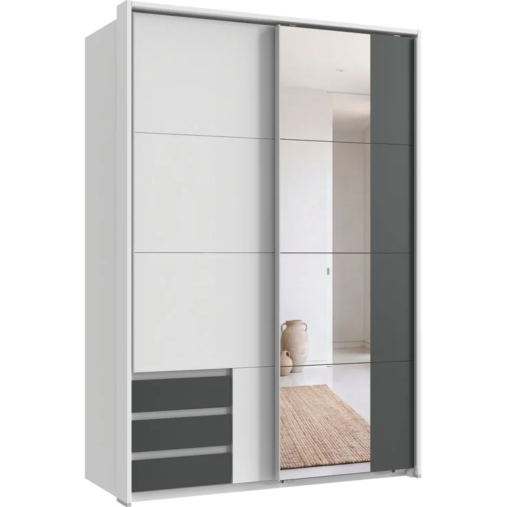 Schwebetürenschrank 2trg. Kleiderschrank 138 cm Weiß Grafit Spiegel Passepartout – Bild 1