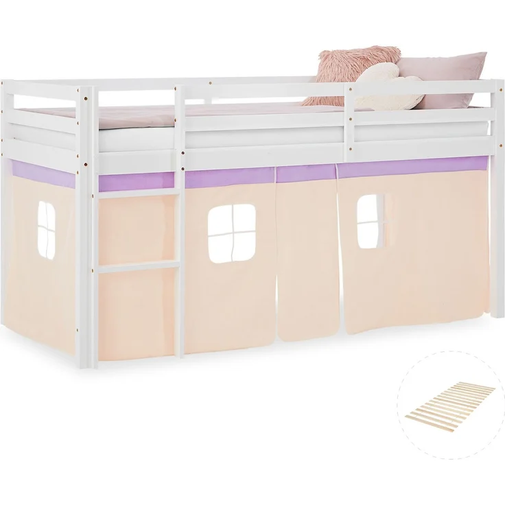 Hochbett Kinder 90x200 cm mit Lattenrost Kinderbett Kinderhochbett Stockbett Vorhang Lila Peach Holz Massiv – Bild 1