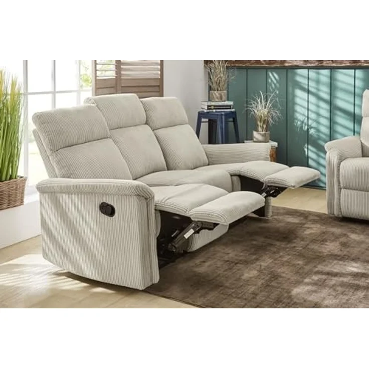 3-Sitzer-Relaxsofa Federkern Couch m. Liegefunktion verstellbar Bezug Cord Beige – Bild 5