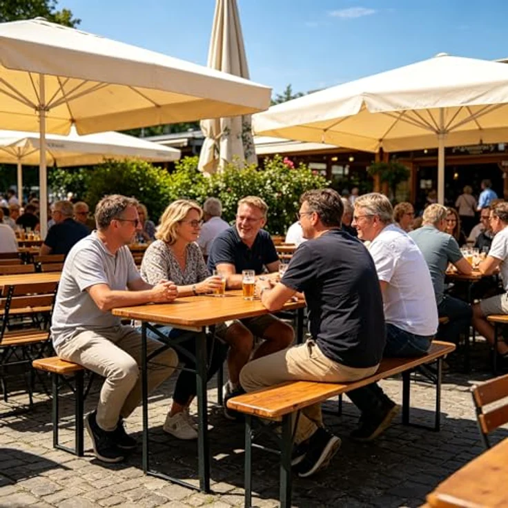Ball & Cast Bierzeltgarnitur 3-teilig, Biertisch Klapptisch mit 2 Sitzbänken, Camping Tisch faltbar, Wetterfester Kiefer Massiv, Natur, 220 cm – Bild 1