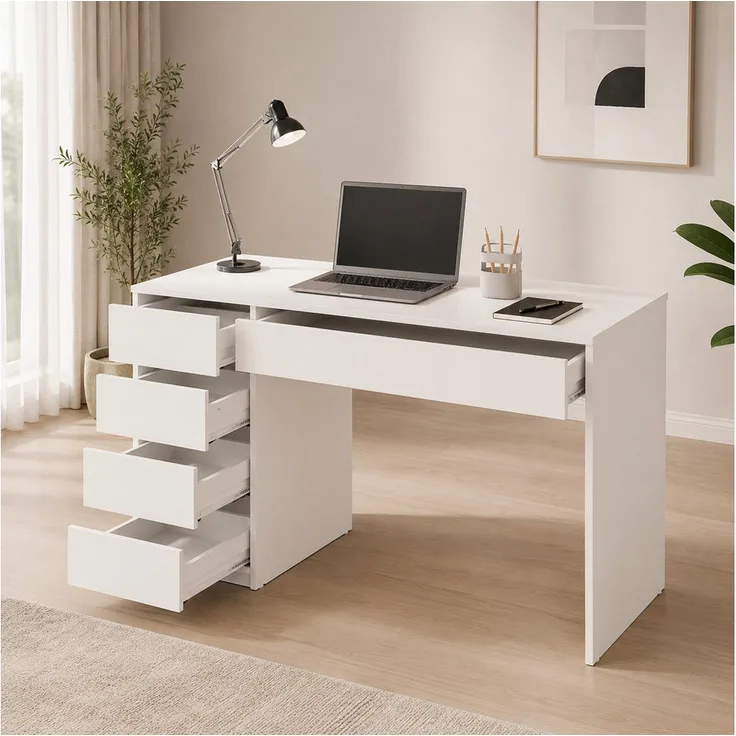ibonto ARTO Schreibtisch mit Stauraum, 120 cm breit, mattweiß, 5 Schubladen, stabil und pflegeleicht