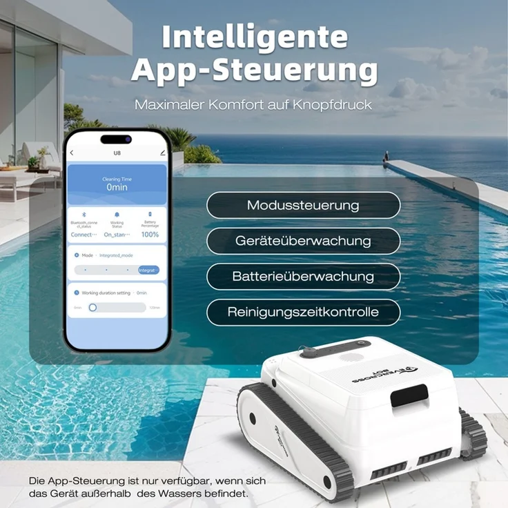EVERCROSS BOT U8 Poolroboter Wand und Boden, Intelligenter Navigation, 120 Min Akkulaufzeit, Kabellos Poolsauger bis 200m² Pools (Weiß-APP) – Bild 2