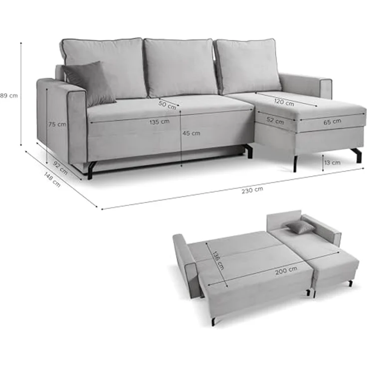 Ecksofa (B/H/T: 230x89x148 cm) in Hellgrau – Bild 3