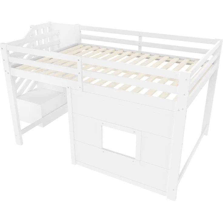 Hochbett mit Lattenrost und LED-Beleuchtung, 140x200 cm, Treppe mit Regal, Kinderbett mit Rausfallschutz, Spielbett, Kiefer – Bild 9