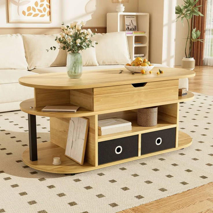 Couchtisch mit Hebefunktion Holzmaserung Schwarz Multifunktion Arbeitstisch & Stauraum – Bild 7