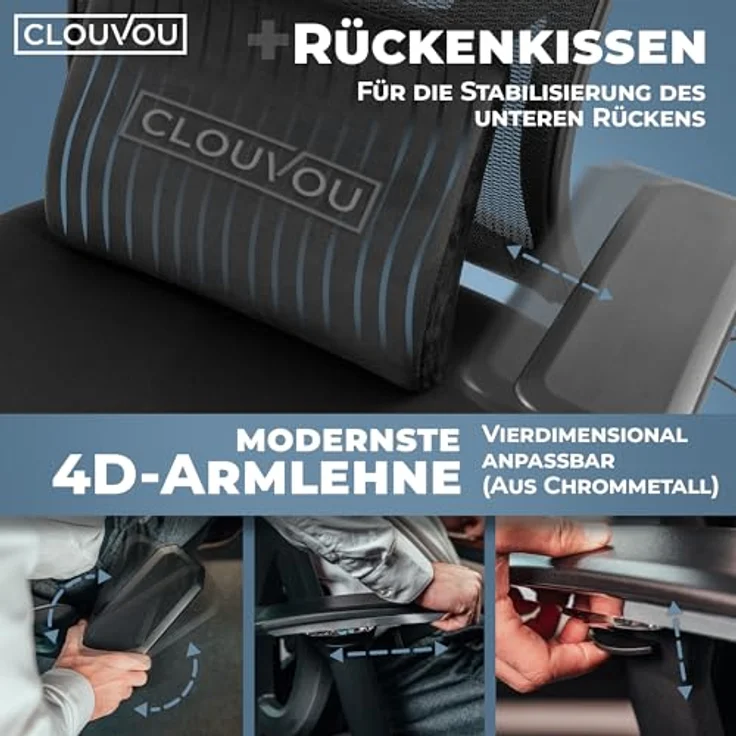 Clouvou CleverSeat Drehstuhl, Schwarzer Textilstuhl mit ergonomischer Form, 70x134x70 cm – Bild 5
