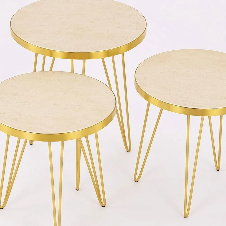 Jungengel Couchtisch Set 4-teilig Travertin Creme Gold Wohnzimmer Beistelltisch Naturstein (4-St, 4-teiliges Tisch-Set), Luxus Couchtisch-Set Travertin Creme mit goldenen Metallbeinen – Bild 2