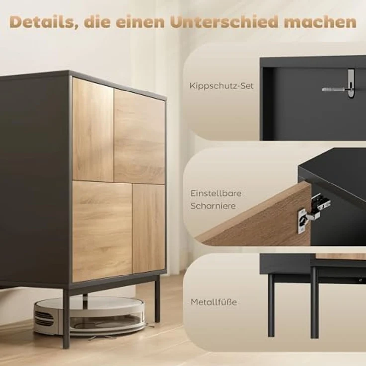 HOMCOM Sideboard mit Push-to-Open-Türen, Metallbeine (Kommode, 1 St, Aufbewahrungsschrank), für Küche, Esszimmer, Wohnzimmer, Schwarz+Naturholz – Bild 6