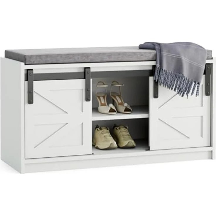 Mondeer Schuhbank mit Sitzfläche, Sitzbank mit Stauraum und Schiebetüren Abnehmbarem Sitzkissen, für Flur Eingang Schlafzimmer, 90 x 45 x 35 cm, Weiß – Bild 1