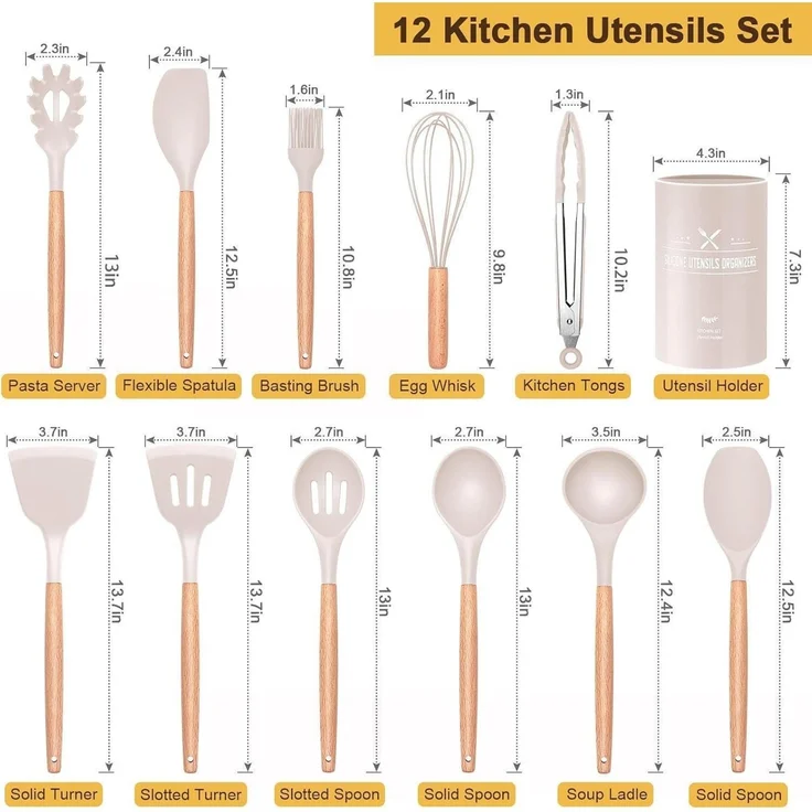 12-teiliges Silikon Küchenhelfer Set Holzgriff Antihaft Utensilienhalter Khaki – Bild 2