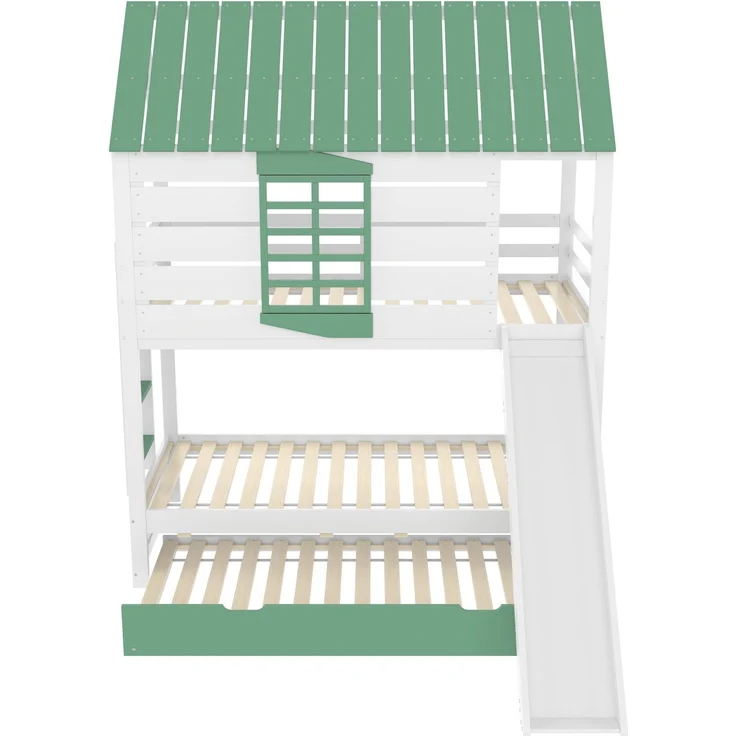 Etagenbett mit 2 Liegeflächen, Gästebett, Lattenrost, Dach, Rausfallschutz, Rutsche, 90x200cm, Kinderbett, Hausbett, Kiefer – Bild 6