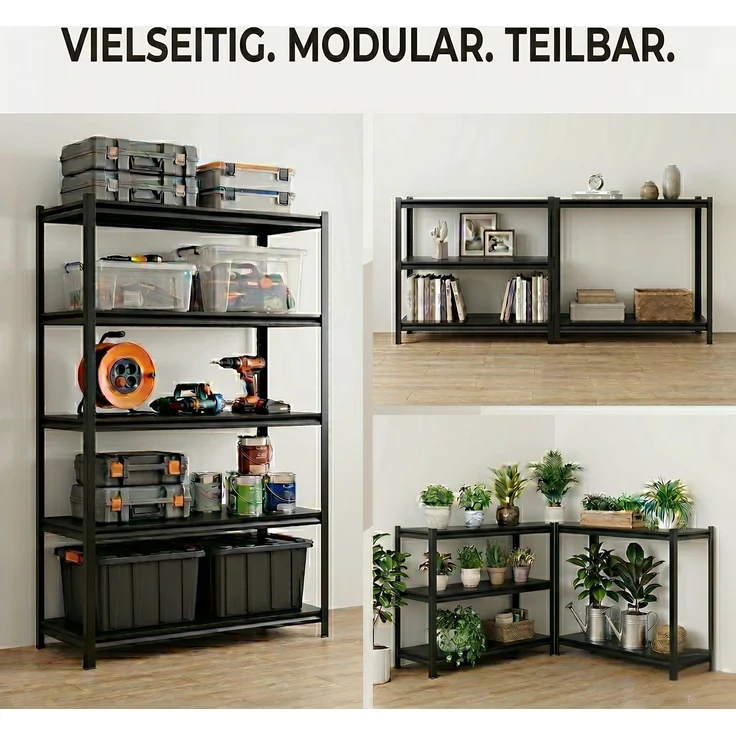 SR2B Premium Schwerlastregal Schwarz – 875 kg belastbar, wasserfest, matte laminierte Böden, 5 verstellbare Ebenen, teilbares Steckregal 180x90x40 cm – Bild 5