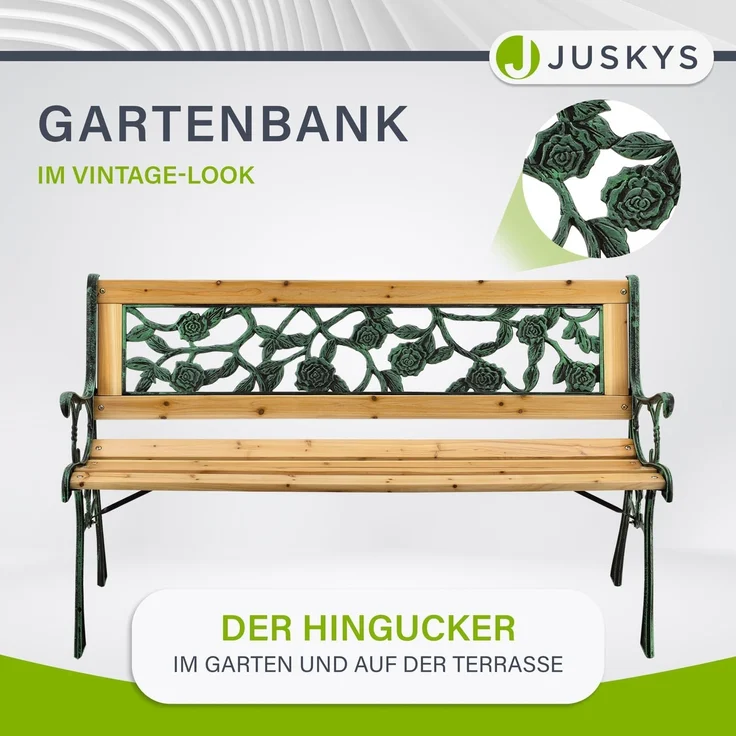 Juskys Gartenbank Venezia – 2-Sitzer Holzbank mit Armlehnen & Rückenlehne – wetterfeste Sitzbank 122x54x73 cm - Seitenelemente aus Gusseisen – Bild 5