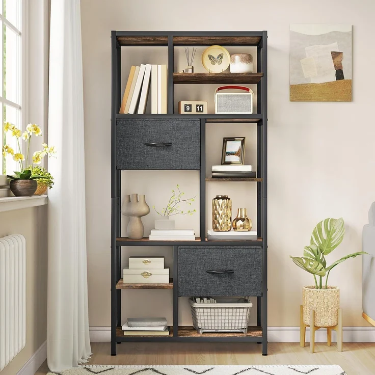 YITAHOME Bücherregal mit Schubladen, 7-stöckiges Standregal mit Stahlrahmen, Bodenstehendes Lagerregal, Industrieregal Aufbewahrungsregal, für Wohnzimmer, Büro, Flur, Küche, Vintagebraun Regal – Bild 1