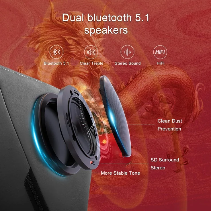 GTPLAYER Gaming Stuhl Gamer Stuhl mit Bluetooth-Lautsprechern und Fußstütze, Dragon Series Bürostuhl, Ergonomischer Drehsessel, Computerstuhl 150KG, grau – Bild 5