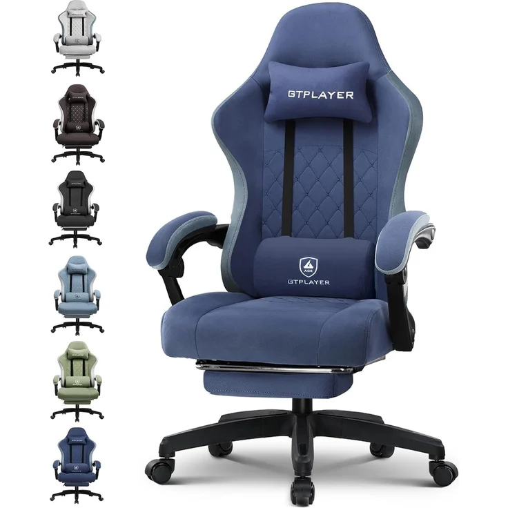 GTPLAYER Gaming Stuhl Ergonomischer Gaming Sessel Schreibtischstuhl mit Stoffoberfläche, Federsitzkissen, Verbindungsarmlehnen und Fußstütze blau – Bild 1