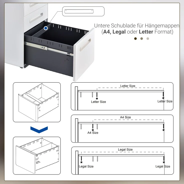 Rollcontainer mit 3 Schubladen mobiler Aktenschrank mit Rollen abschließbar Büroschrank mit Hängeregistratur Stiftfach, Bürocontainer Schreibtisch Unterschrank für Büro 39x48x59cm Weiß--Weiß--59x48x39cm--YOUDENOVA – Bild 7
