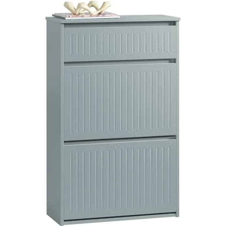 SoBuy Schuhschrank grau, Holzwerkstoff, 2 Klappfächer und Schublade, 61x100x26 cm, Schuhaufbewahrung – Bild 1