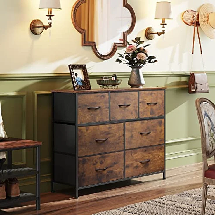 WLIVE Kommode mit 7 Schubladen aus Stoff, Kommodenschrank für Schlafzimmer, Kommode Wohnzimmer, mit Stabiler Stahlrahmen, Vintagebraun-Schwarz – Bild 5