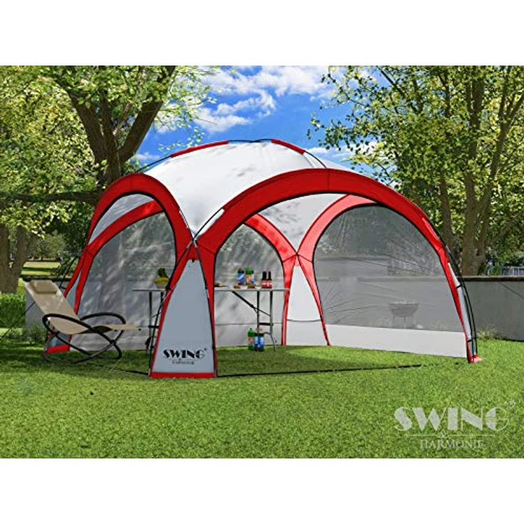 Swing & Harmonie LED Event Pavillon DomeShelter 3,6 x 3,6m mit Solarmodul, 96 LED-Beleuchtung, inkl. 4 Moskito-Netz- und 2 blickdichten Seitenwänden, rot – Bild 3