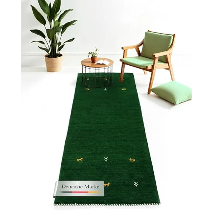 carpetfine 'Gabbeh Uni' Wollteppich, reine Wolle, Grün, 60x180 cm – Bild 2
