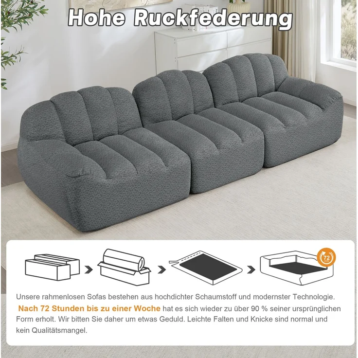 DESVIAE Sofa 3-Sitzer modular mit Ottoman, Granulatfleece, Grau, 288 x 104 x 79 cm – Bild 5