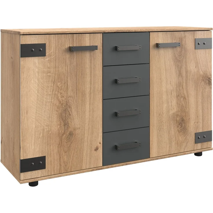 Wimex Kombikommode Stockholm Sideboard Kommodenschrank, Made in Germany, Industrial-Look, 2-türig mit 4 Schubladen, 130x41x83 cm – Bild 5