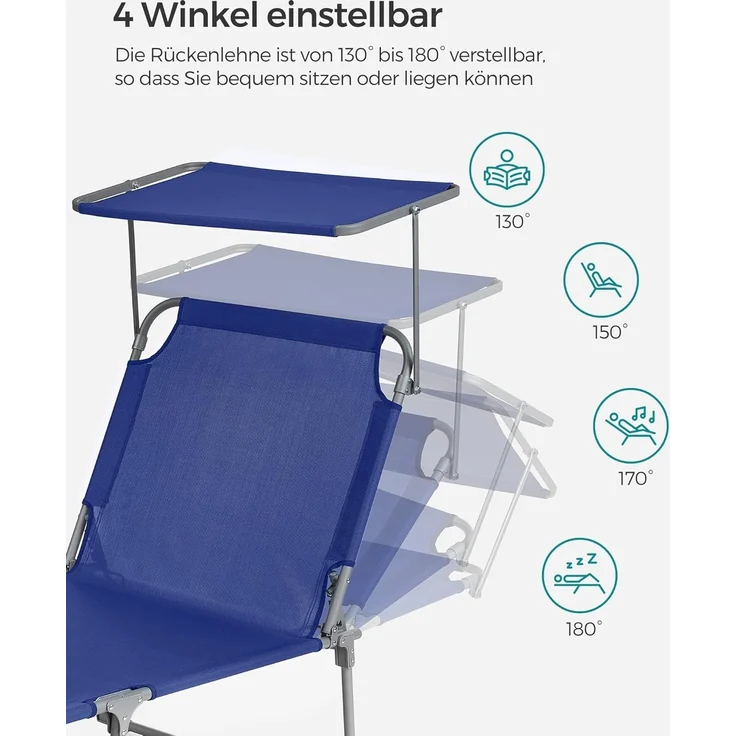SONGMICS Große Sonnenliege, klappbarer Liegestuhl, 71 x 200 x 38 cm, Belastbarkeit 150 kg, mit Sonnenschutz, Kopfstütze und Verstellbarer Rückenlehne, für Garten Pool Terrasse, dunkelblau GCB22BUV2 – Bild 4