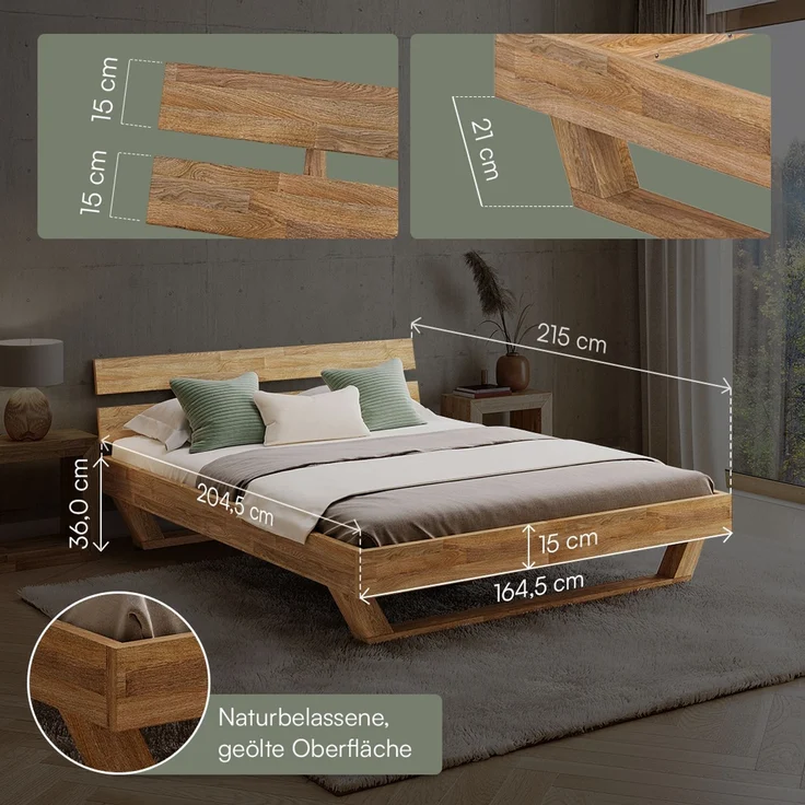 skølm 'Nornir' Bett 160x200 cm, Bettgestell, natur geölt, Massivholzbett aus Eiche mit Holzkufen, Doppelbett mit Streben Bettkopf – Bild 6