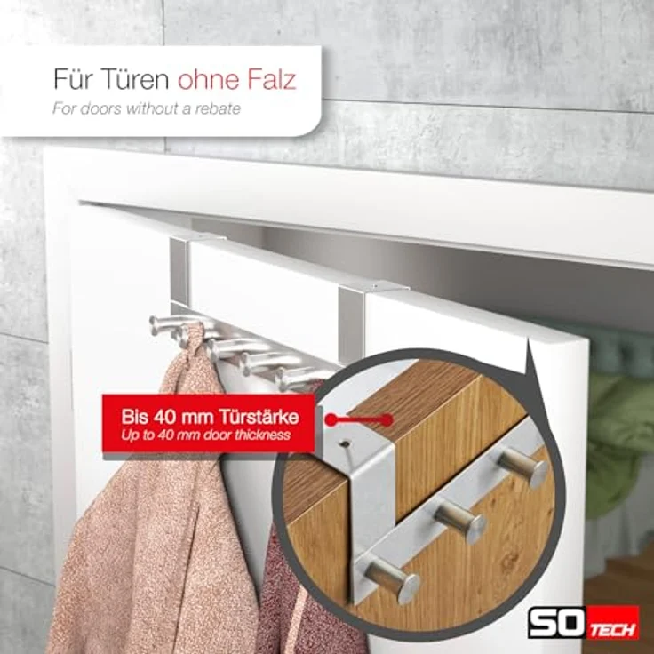 SO-TECH® Türgarderobe Garderobenleiste LINEA 380 x 110 mm, mit 6 Haken Türhaken, (1-St), Edelstahl matt gebürstet, für 40 mm Türen ohne Falz – Bild 3