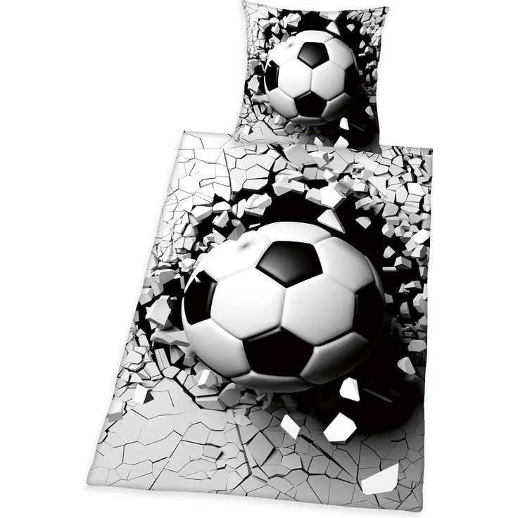Herding 3D Effekt Bettwäsche-Set, Fußball, Kopfkissenbezug 70x90 cm, Bettbezug 140x200 cm, Mit leichtläufigem Reißverschluss, 100% Baumwolle/Renforcé, Grau/Weiß