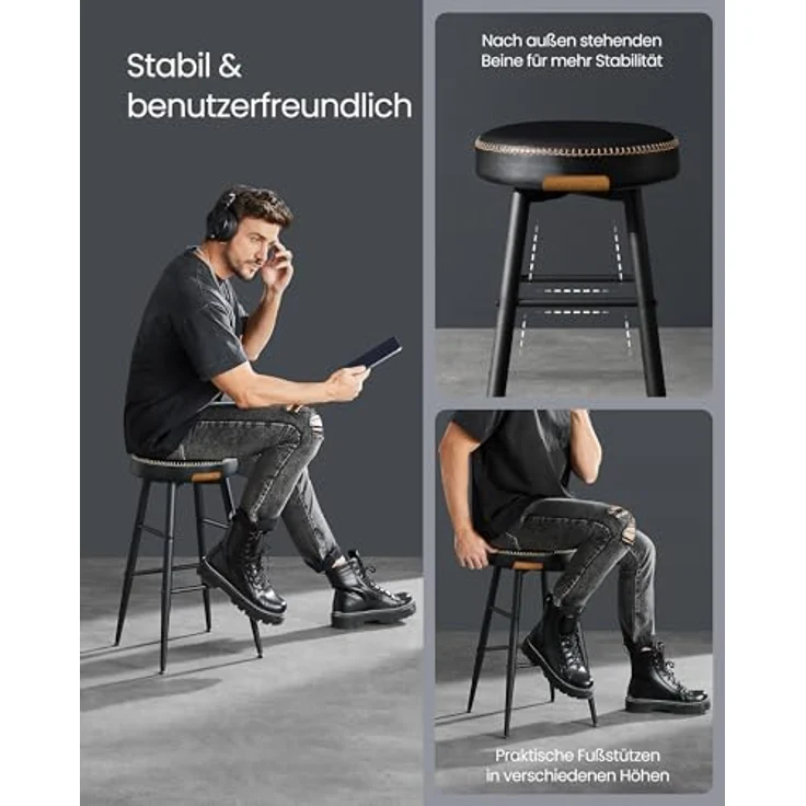 VASAGLE EKHO Kollektion - Barhocker, 2er Set, Barstuhl, Küchenstuhl, Kunstleder, Mid-Century-Modern-Stil, 63 cm hoch, Küche, Esszimmer, einfacher Aufbau, tintenschwarz LBC080B01 – Bild 10