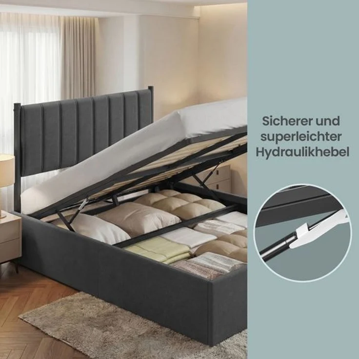 VASAGLE Bettgestell, 180 x 200 cm, hochklappbar Lattenrost, Stauraum unter dem Bett, mit Kopfteil, beige – Bild 4