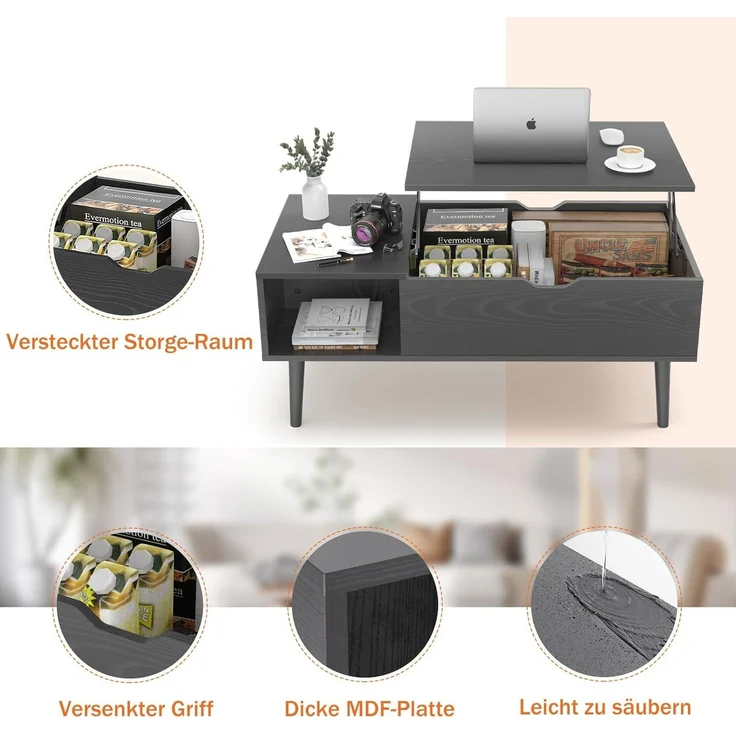 Sweetcrispy Couchtisch Höhenverstellbar, Tisch Wohnzimmertisch, offener und versteckter Stauraum Couchtisch, Sofatisch Beistelltisch, 100x50 cm Sofatisch aus Holz für Wohnzimmer, Schwarz – Bild 7